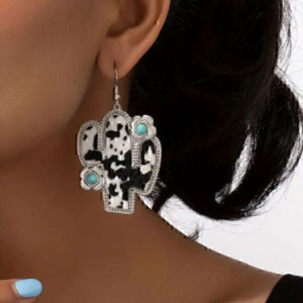 Boho Western Turquoise Cactus Pendant Earrings Jewelry Gift For Women